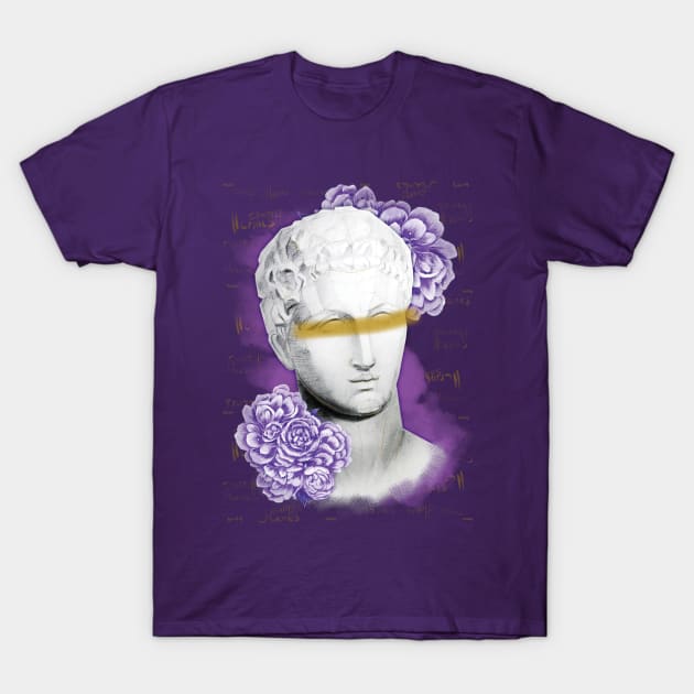 Hermes head statue with a purple pionies flowers T-Shirt by Olena Tyshchenko